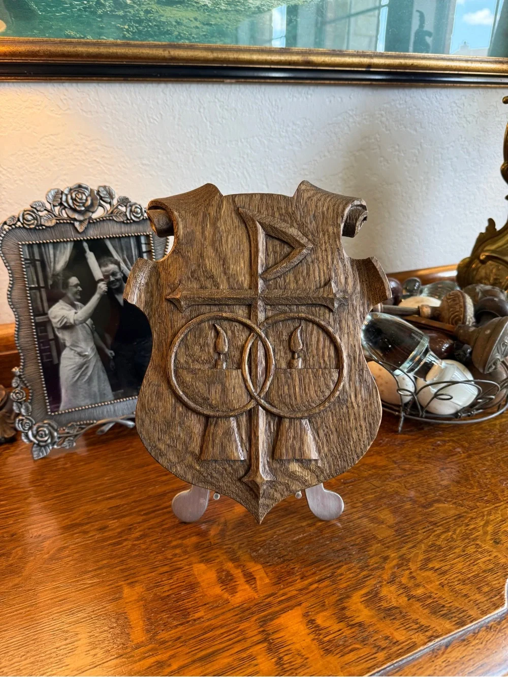 OOAK Vintage Hand-Carved Wood Shield Wall Plaque Wedding Symbols Chi Rho
